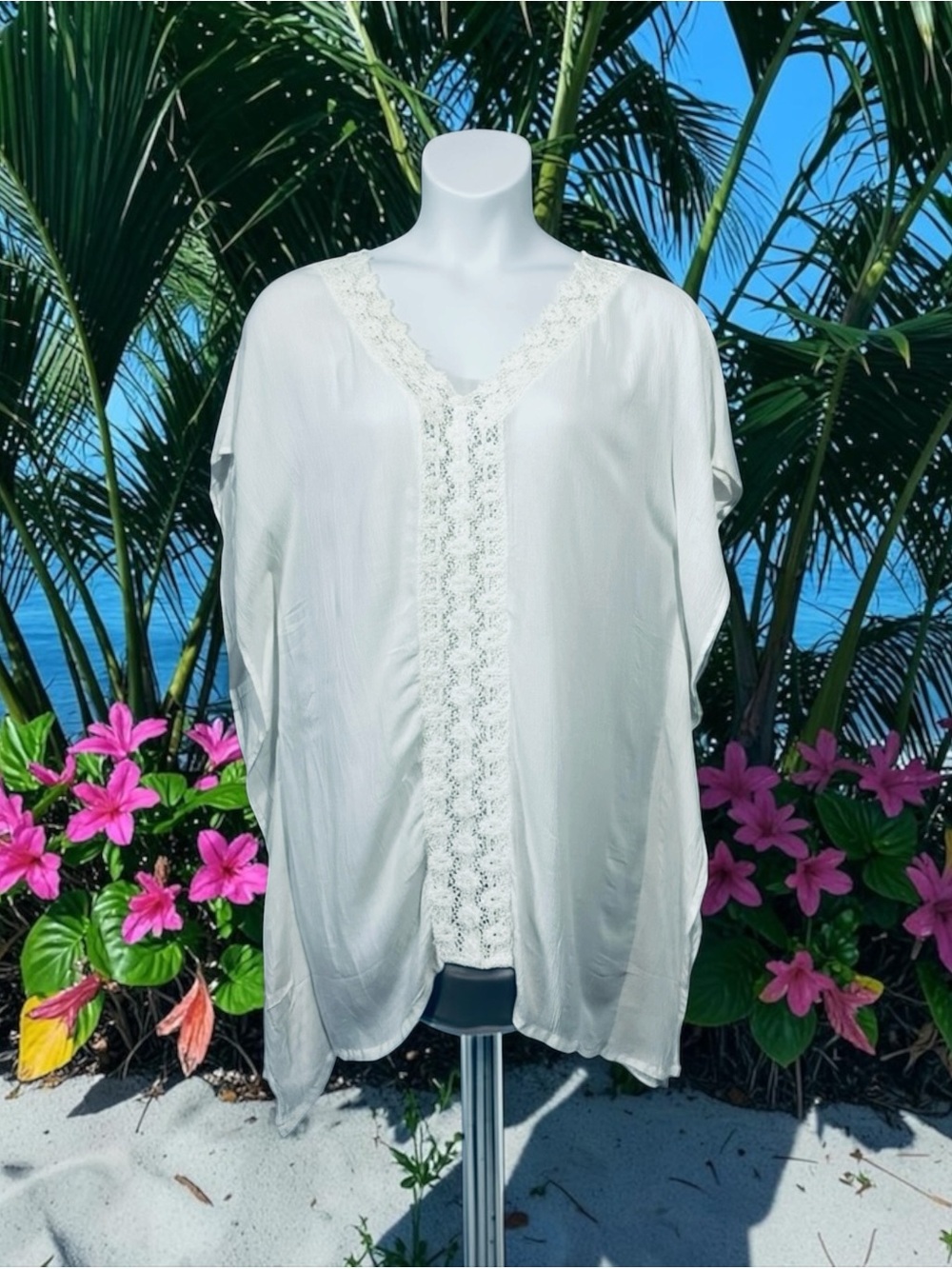 Body & Beach, White Cotton Crochet Tunic Cover Up, Size L, Boho Beach Resort
